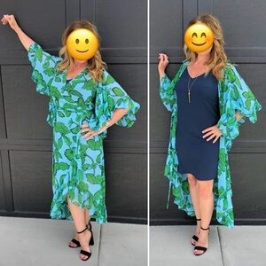 Cabi Ruffle accented long line summer shawl/duster with navy blue v neck dress